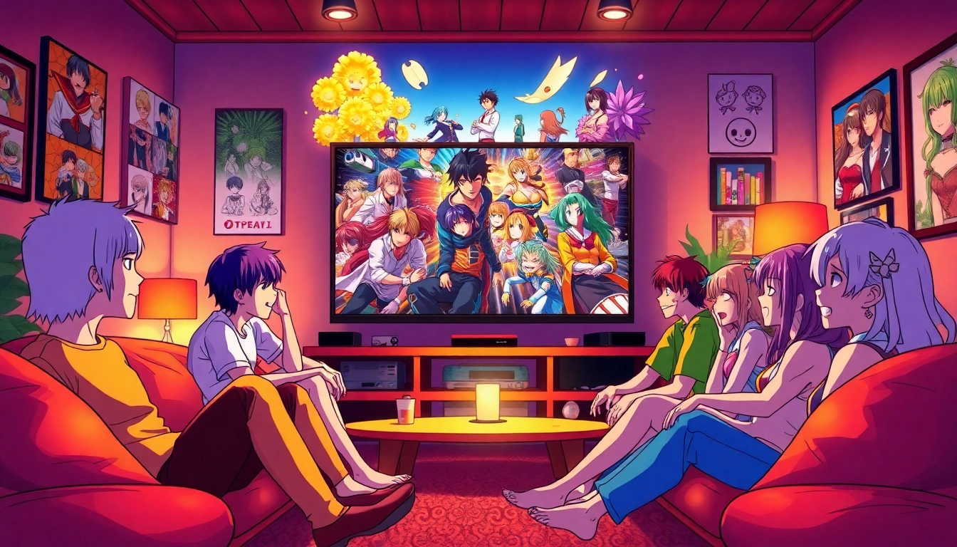 Watch anime series online with friends enjoying an animated discussion at home.