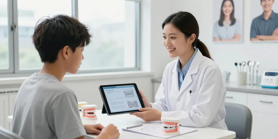 Teen discussing Orthognathic surgery Hawthorn options with an orthodontist in a bright dental office.