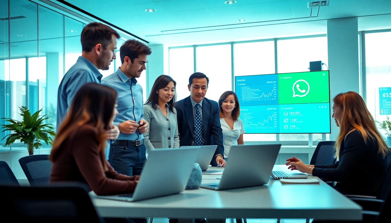 Engaged team using WhatsApp Smart CRM in a modern office setting.