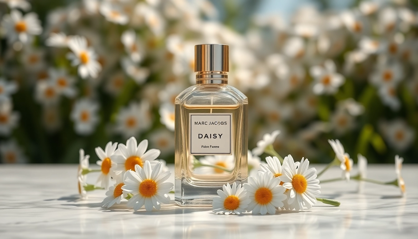 Marble background with marc jacobs daisy perfume bottle surrounded by daisies.