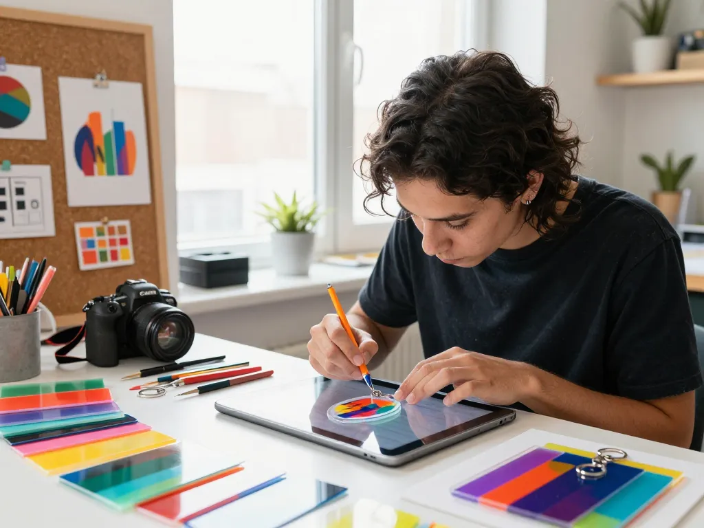 Artist working as an acrylic keychain maker, designing custom vibrant keychains in a bright studio.