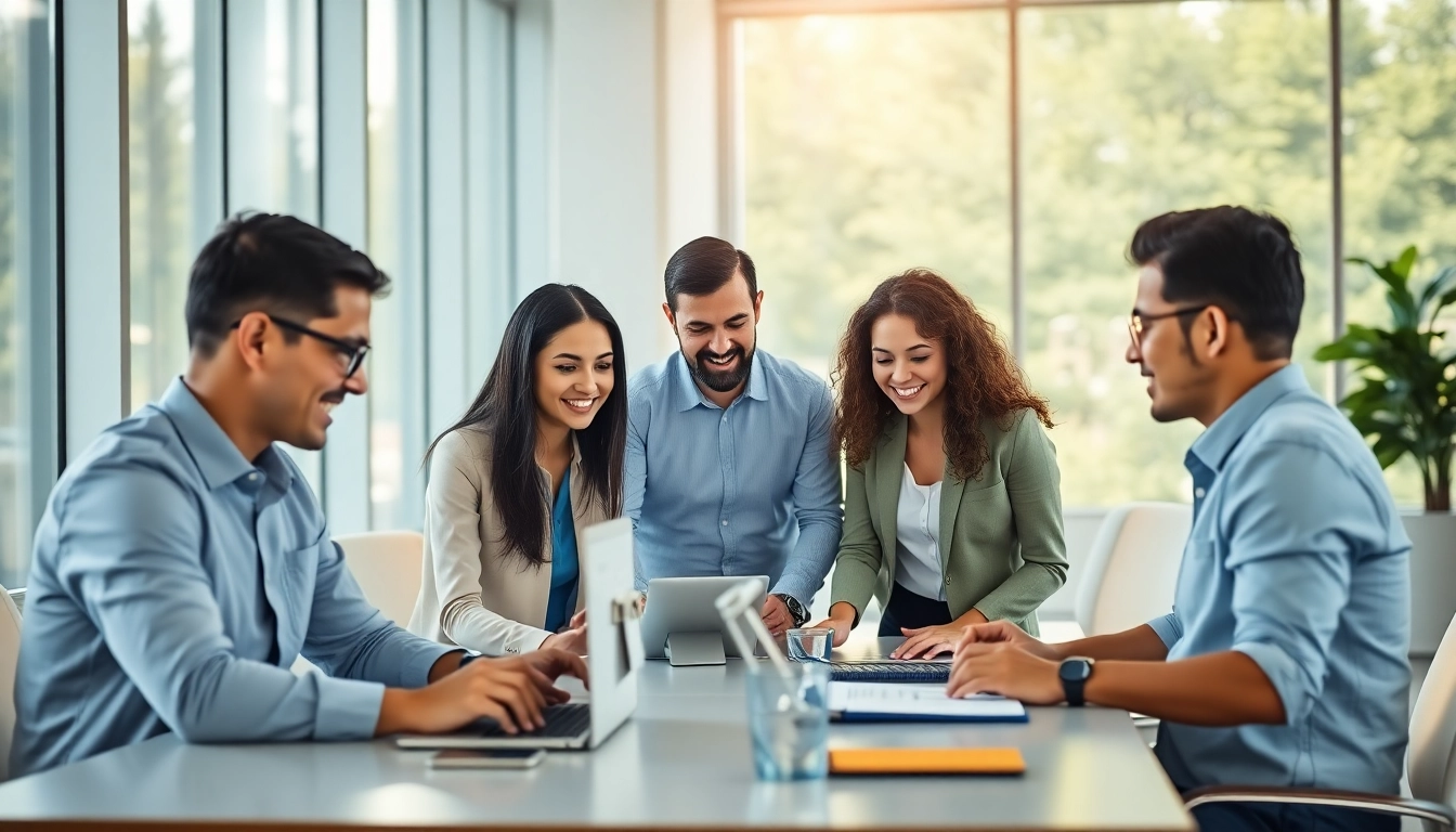 Demonstrating enterprise assistant software with professionals collaborating in a modern office setting.
