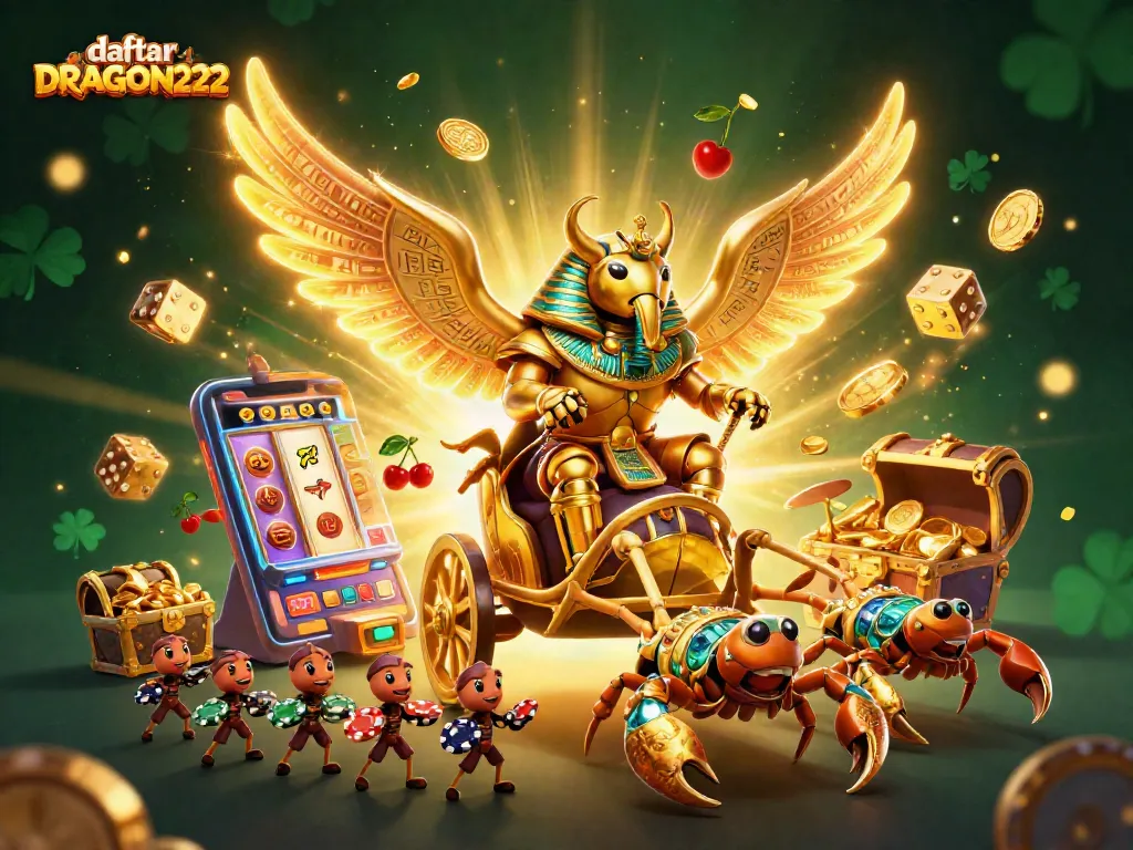Spin and win with daftar DRAGON222 on a vibrant casino adventure featuring an extravagant scene of golden characters.