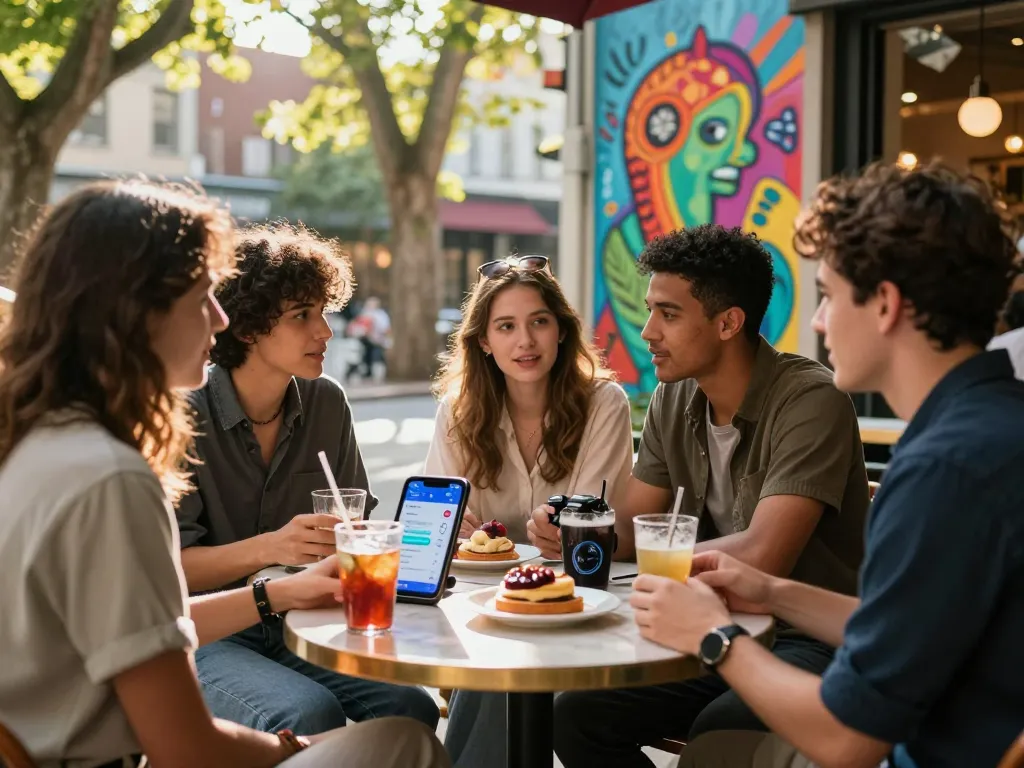 Engaging discussion about AI relationships with ai slut chatbot in trendy cafe setting.