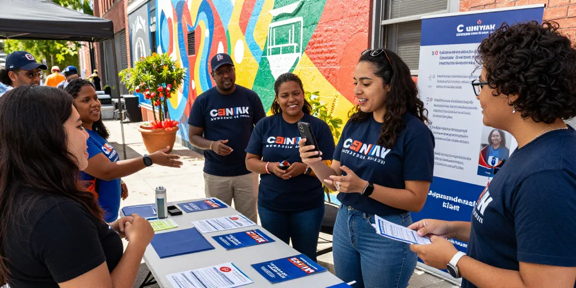 Social media influencer for political campaign engaging voters at a community event in an urban setting.