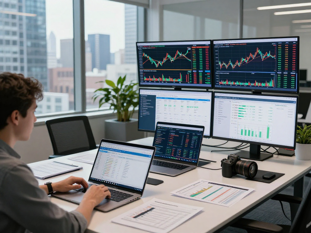 Professional data analyst reviewing US stock fundamental data API in modern trading office.
