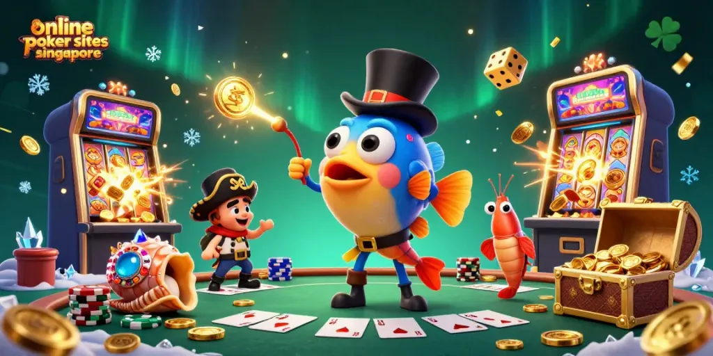 Experience thrilling online poker sites Singapore with a vibrant scene of characters and casino elements.