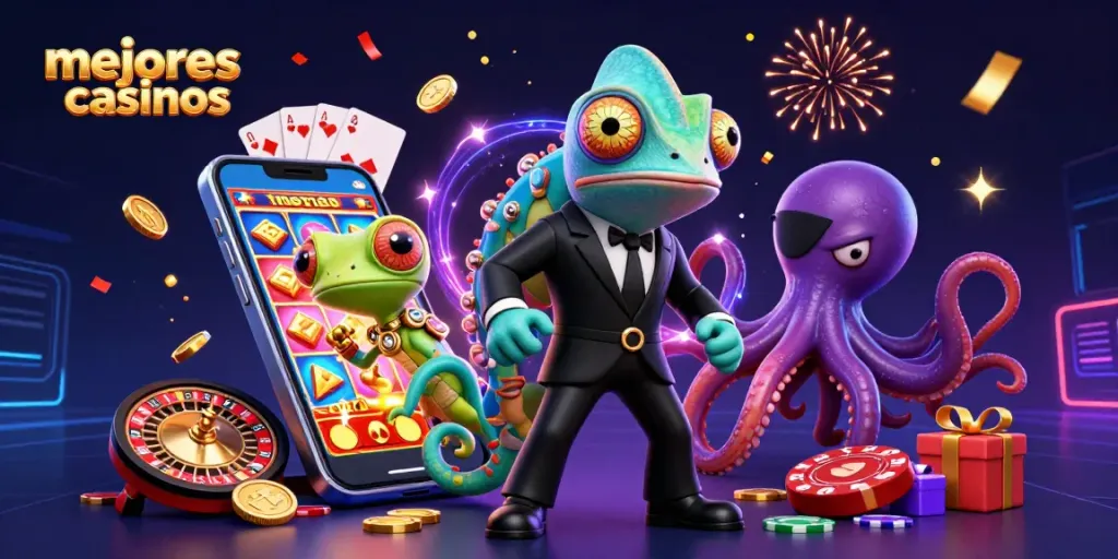 Descubre los mejores casinos y diviértete con juegos emocionantes en esta atractiva ilustración.