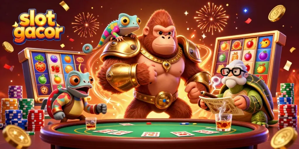 Engaging scene of slot gacor action featuring a powerful gorilla in armor, jackpot counters, and colorful slot elements.