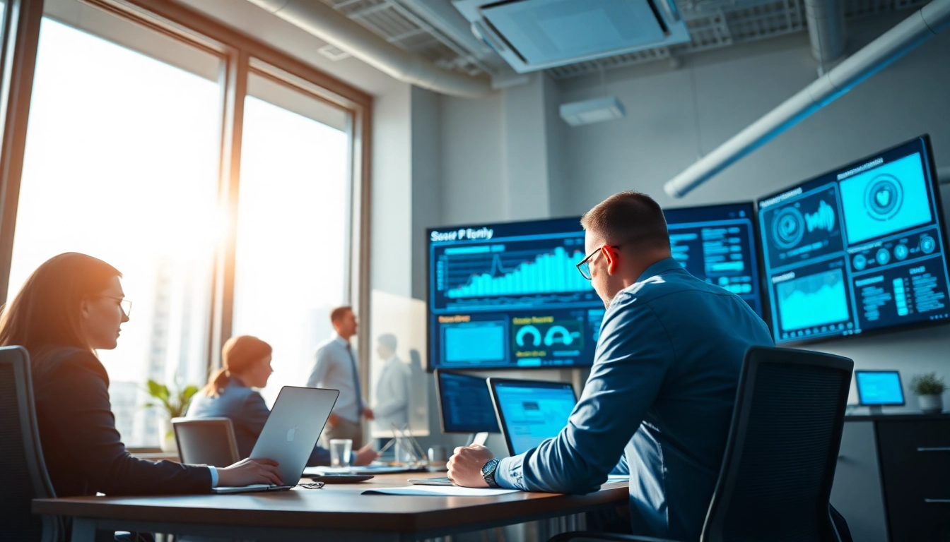 Managed Cybersecurity Tampa professionals in a modern office setting, monitoring digital security systems.