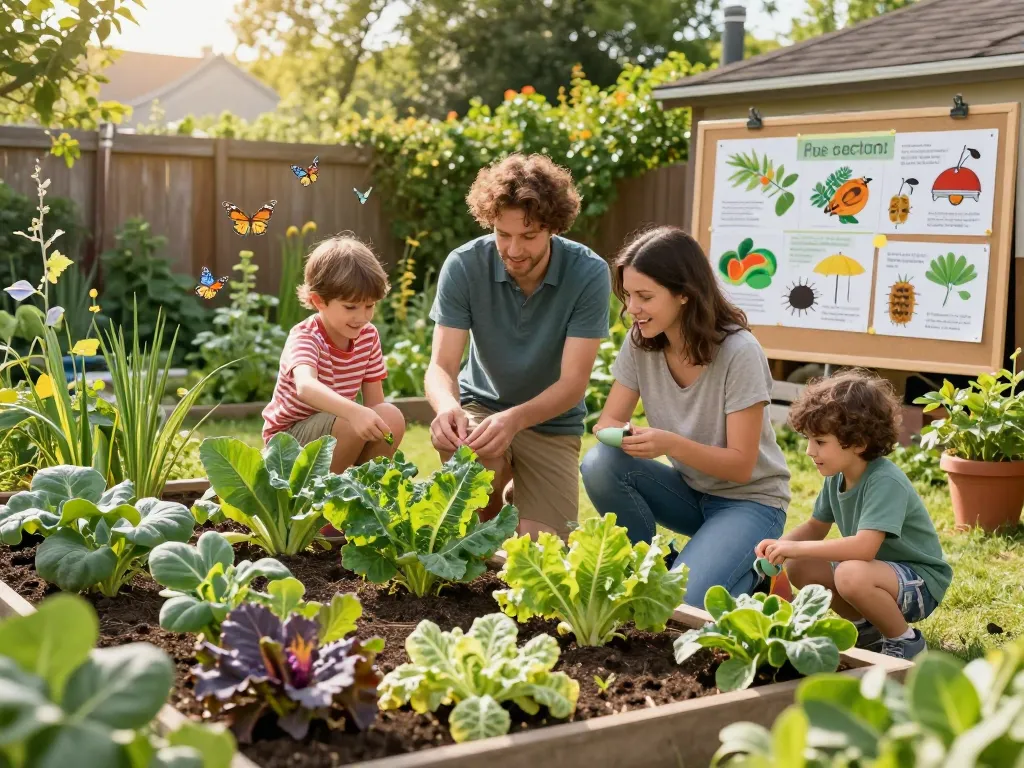 Family discussing pest prevention strategies in a sunny garden, surrounded by healthy plants.