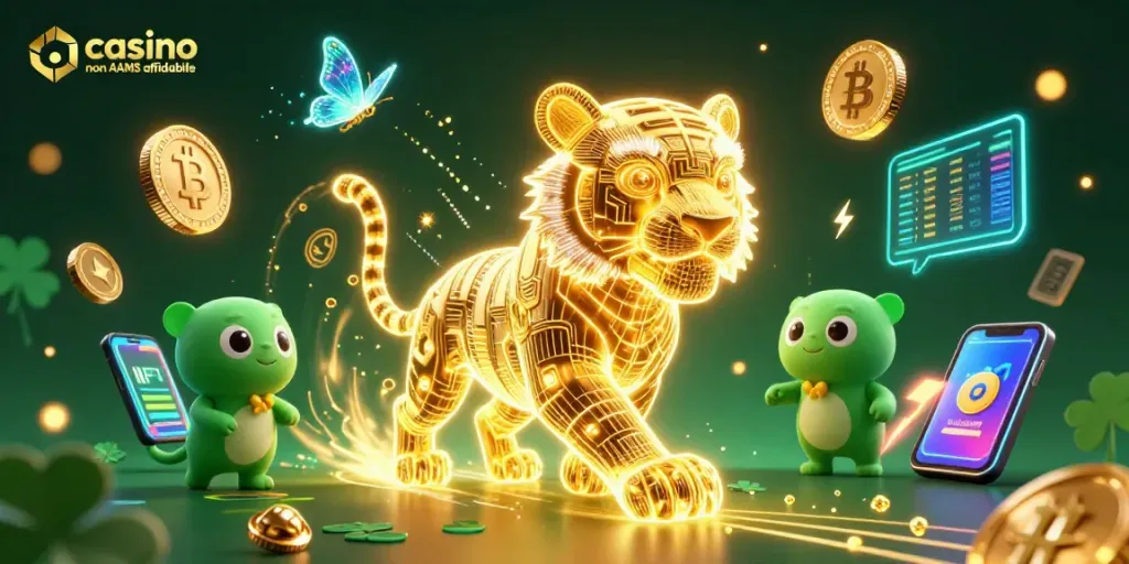 Scopri la magia del casino non AAMS affidabile con un tigre di luce che esplora un paesaggio digitale di opportunità.