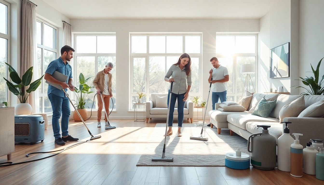 Efficient cleaning service team revitalizing a modern living room with professional care.