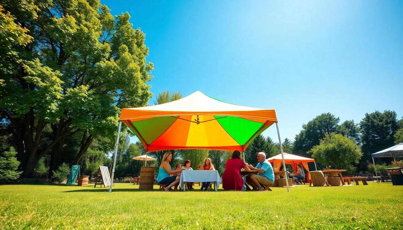 Gather under a colorful canopy tent providing shade during a sunny picnic.