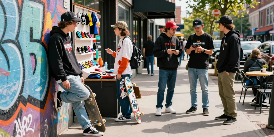 Youthful urban scene showcasing stylish streetwear with rokok88 logo, friends engaging in trendy merchandise discussions in vibrant city.