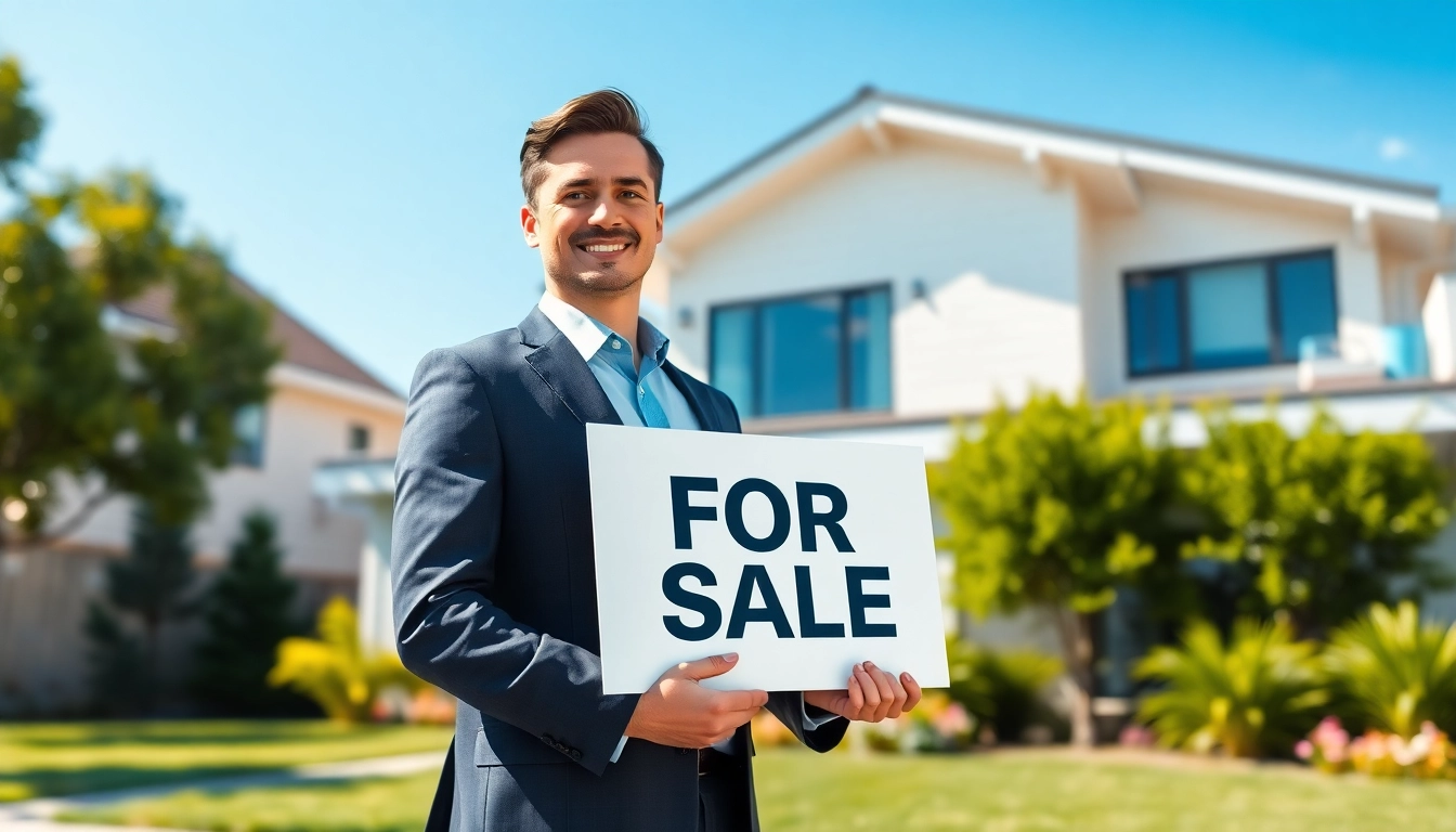 Real Estate agent showcasing a modern home with a bright "For Sale" sign in a charming neighborhood.