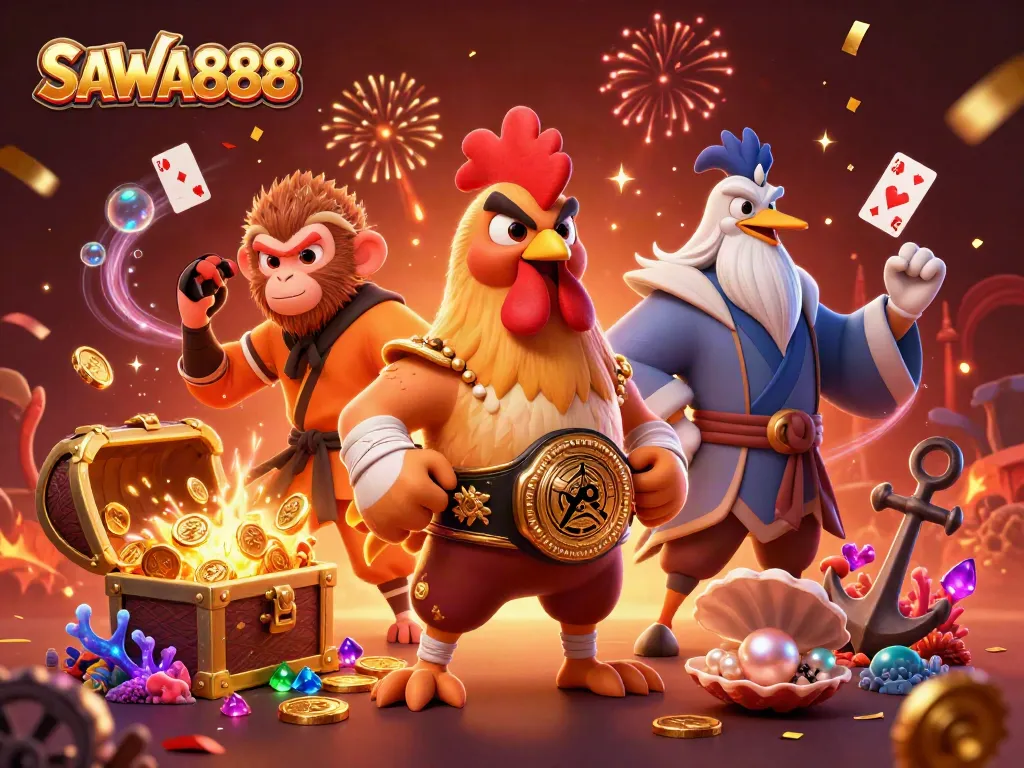 Win big with SAWA888 at the ultimate casino showdown featuring animated multiplayer action and vibrant illustrations.