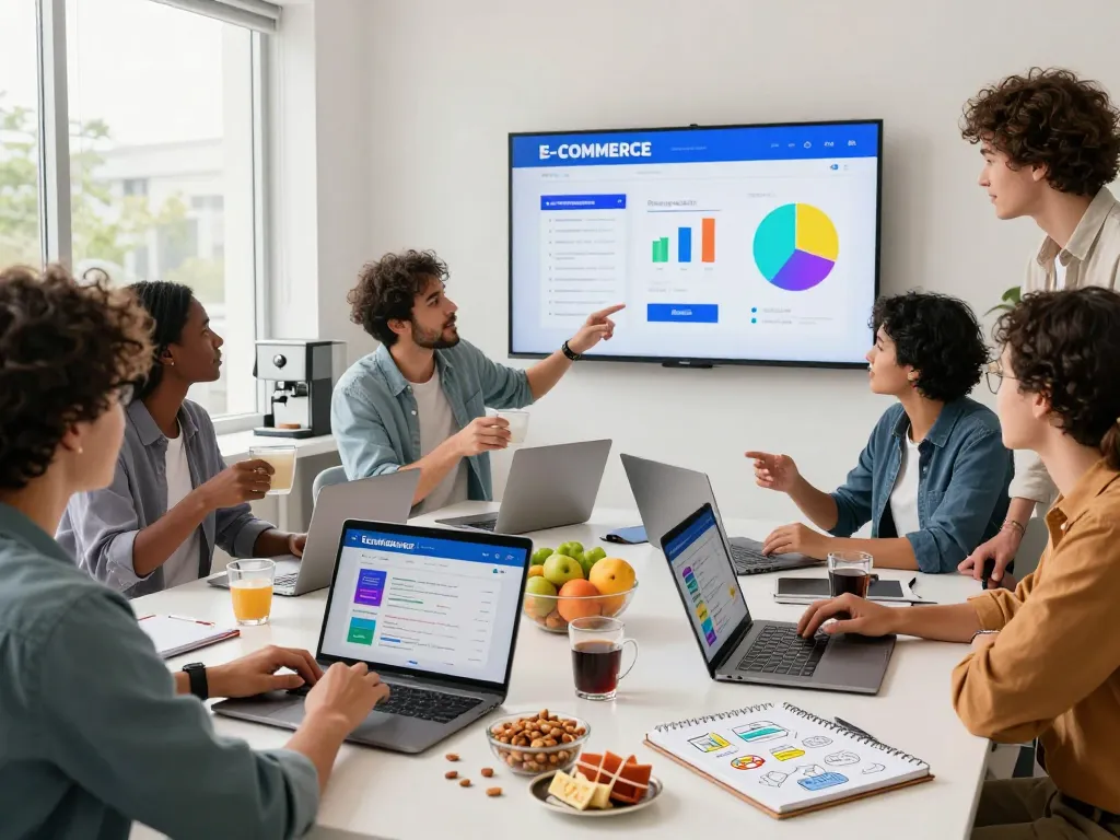 Vibrant e-commerce office scene showing https://hubet88.icu/ marketing team collaborating on newsletter strategies with colorful charts.