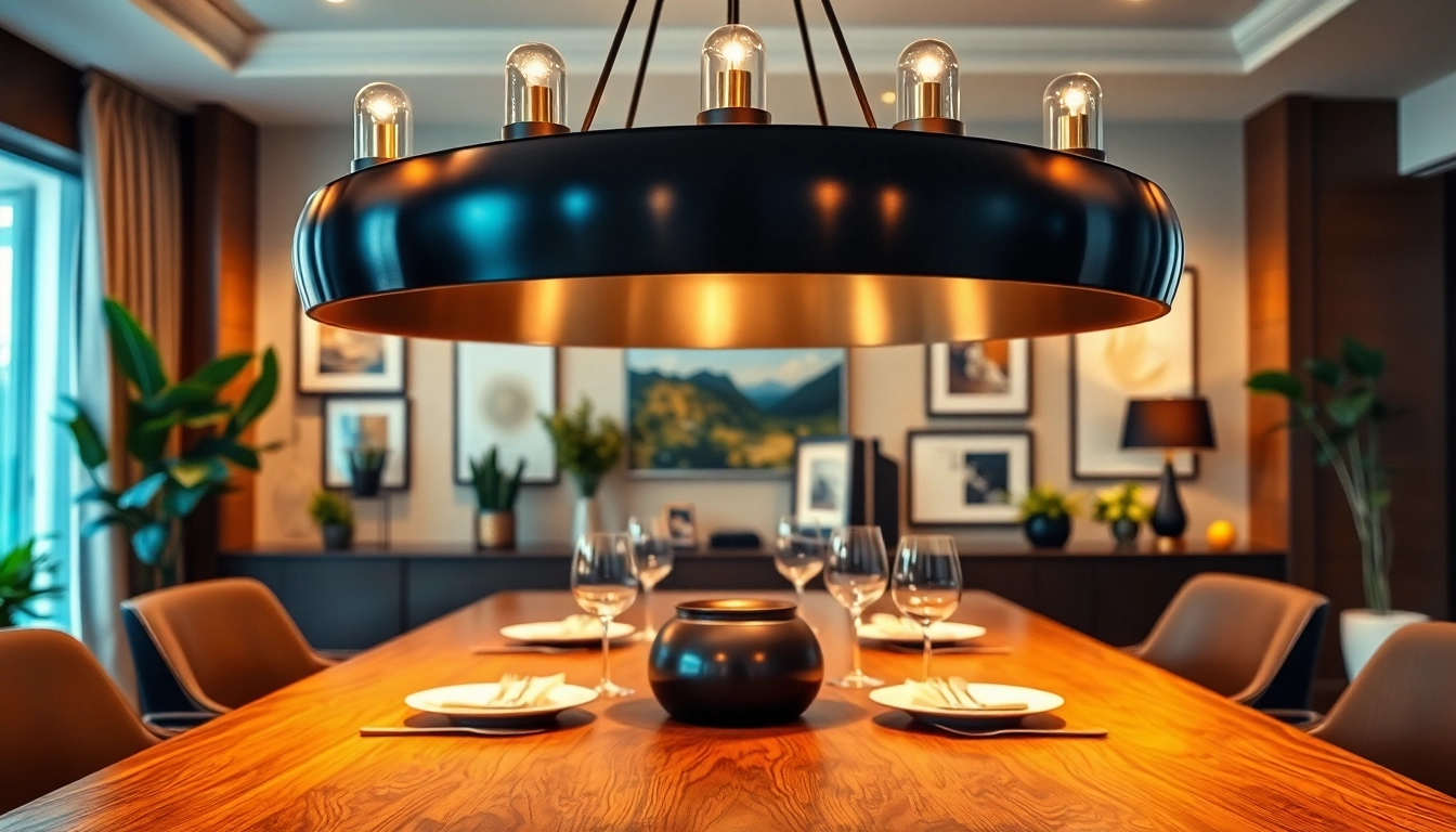 Showcasing a stunning black and gold light fixture over a beautifully set dining table.