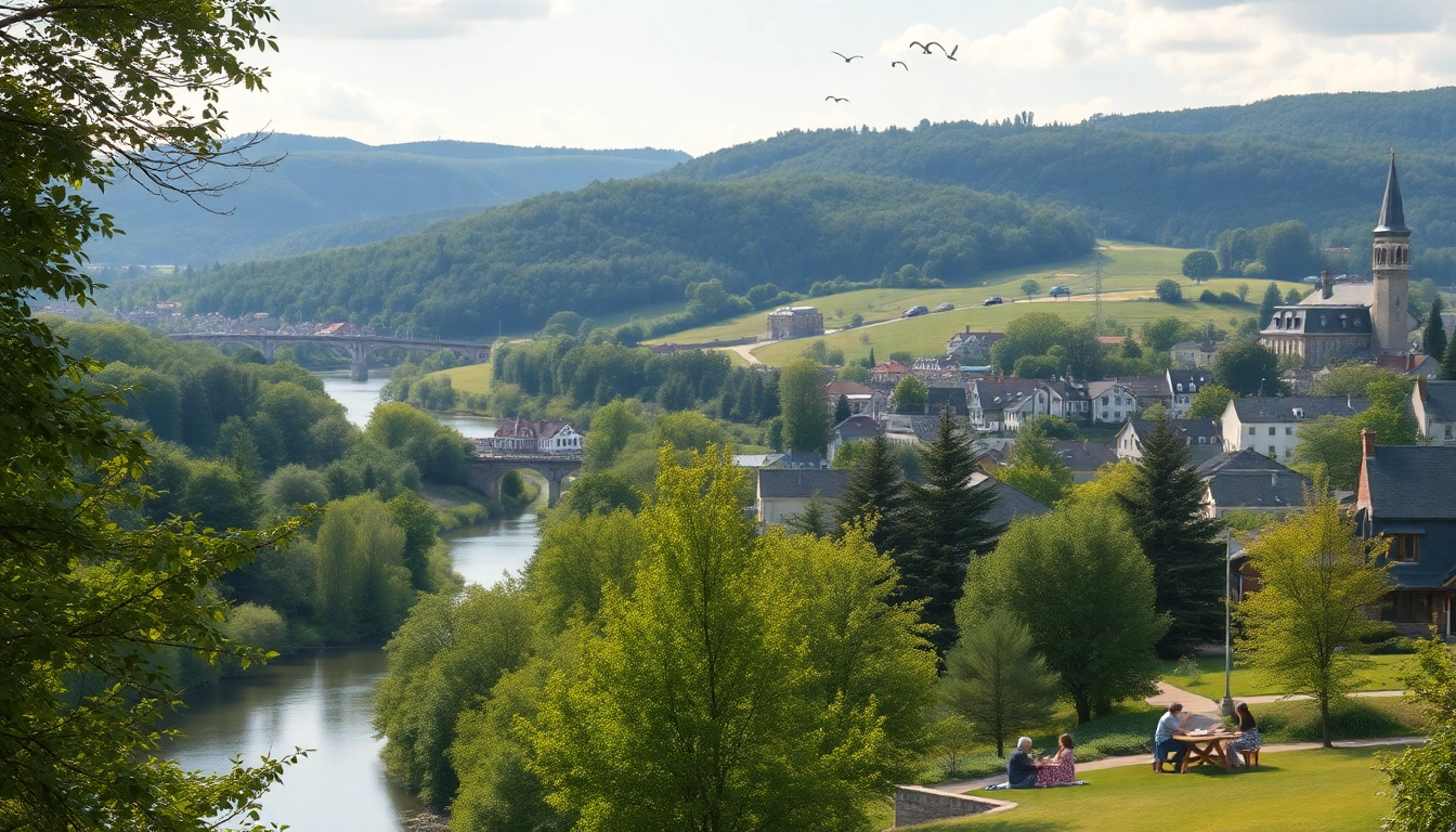 Clarksburg's scenic river view with lush greenery and families enjoying nature.
