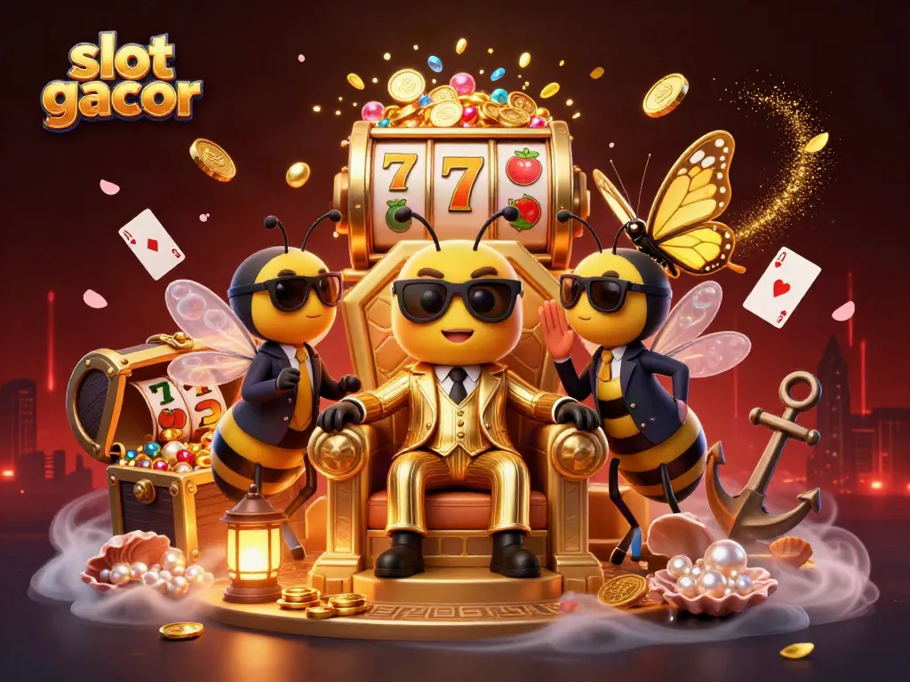 Experience the thrill of slot gacor with vibrant casino characters amidst treasure and gaming excitement.