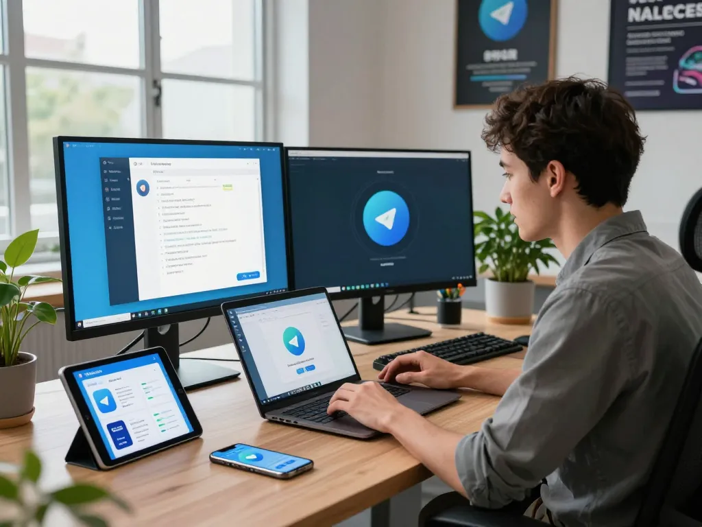 Developer optimizing Telegram 电脑版 in a modern tech workspace with multiple screens and gadgets.