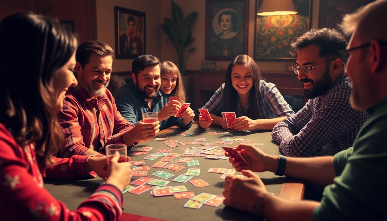 Enjoying a game of Ok Rummy with friends at a lively gathering, cards displayed for play.