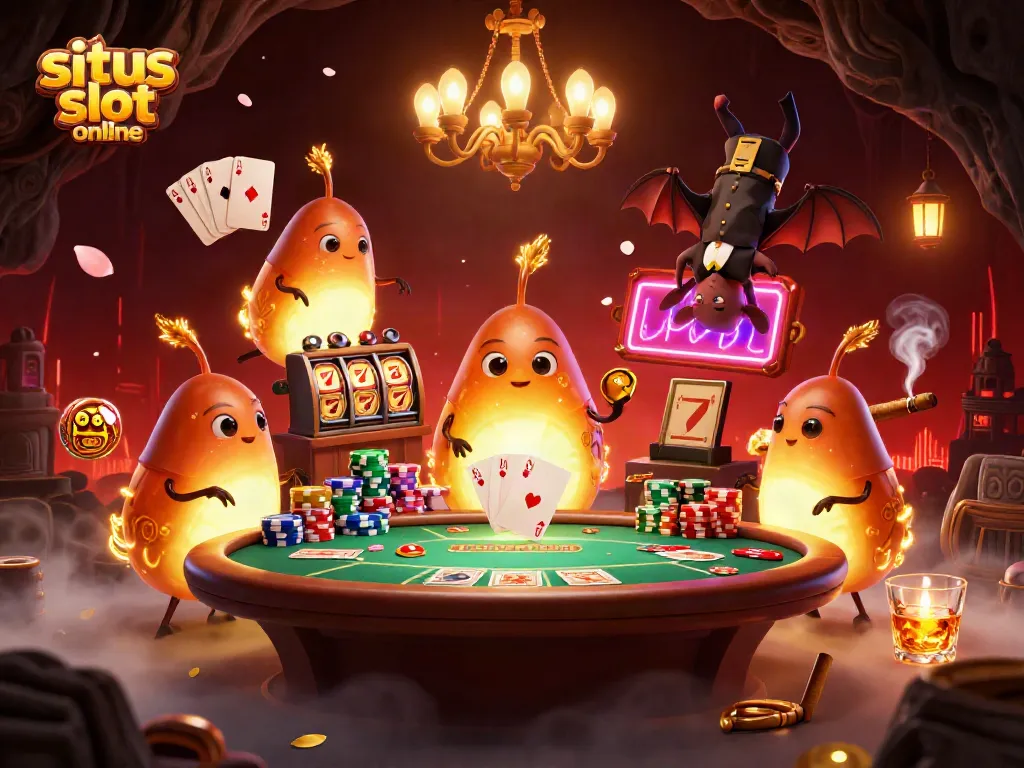 Permainan situs slot online dengan karakter glowworm yang menerangi kasino gua, menampilkan slot putaran dan chip poker.