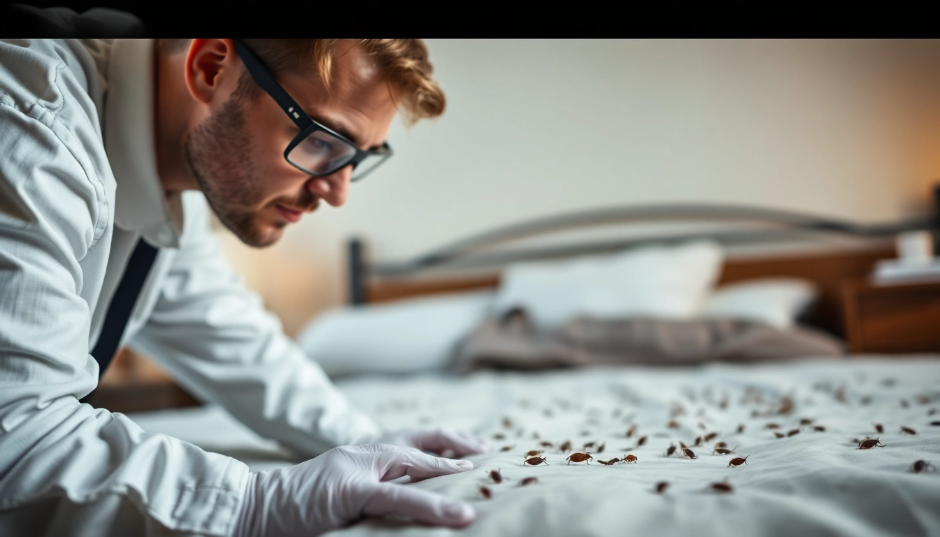 Inspecting bed bug pest control signs in a bedroom setting with a professional technician.