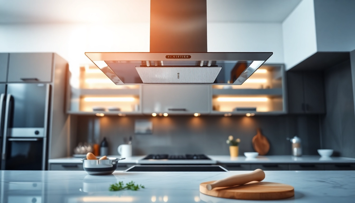 Detailed view of exhaust hood installation in a modern kitchen showcasing elegant design.