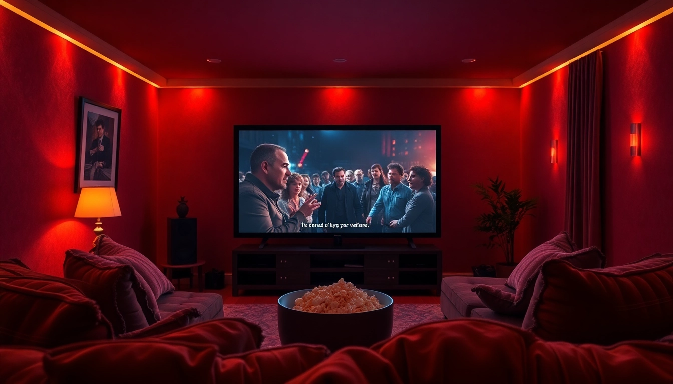 Enjoying filme online subtitrate in a cozy home theater setup with popcorn and a large screen.