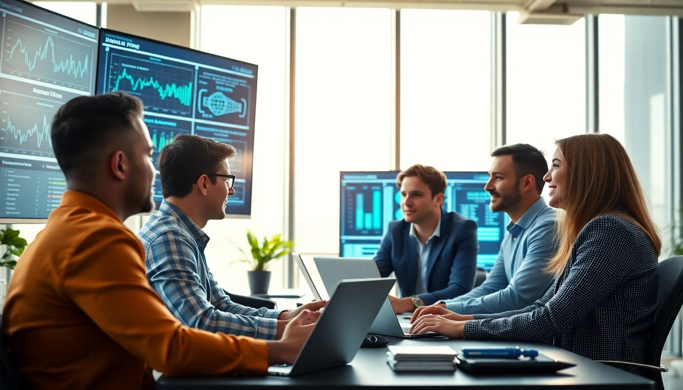 Team of managed IT providers discussing innovative solutions in a modern office environment.