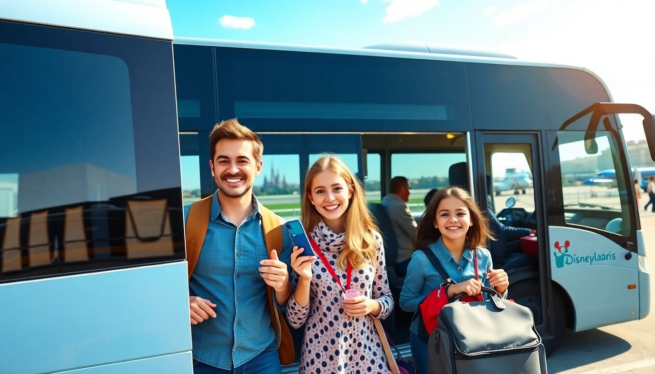 Book Disneyland Paris airport transfer services for seamless family journeys, featuring a cheerful shuttle bus.