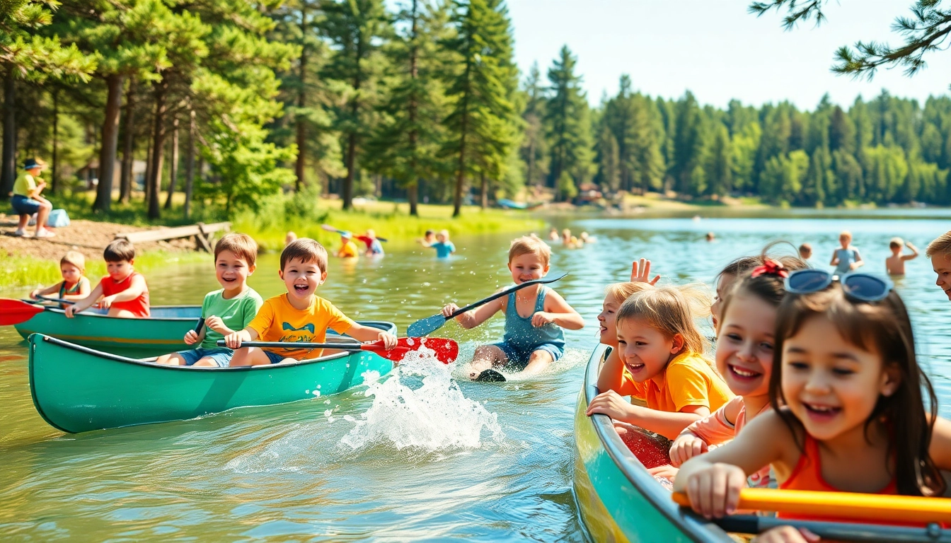 Children enjoying fun activities at a summer youth camp near a serene lake.