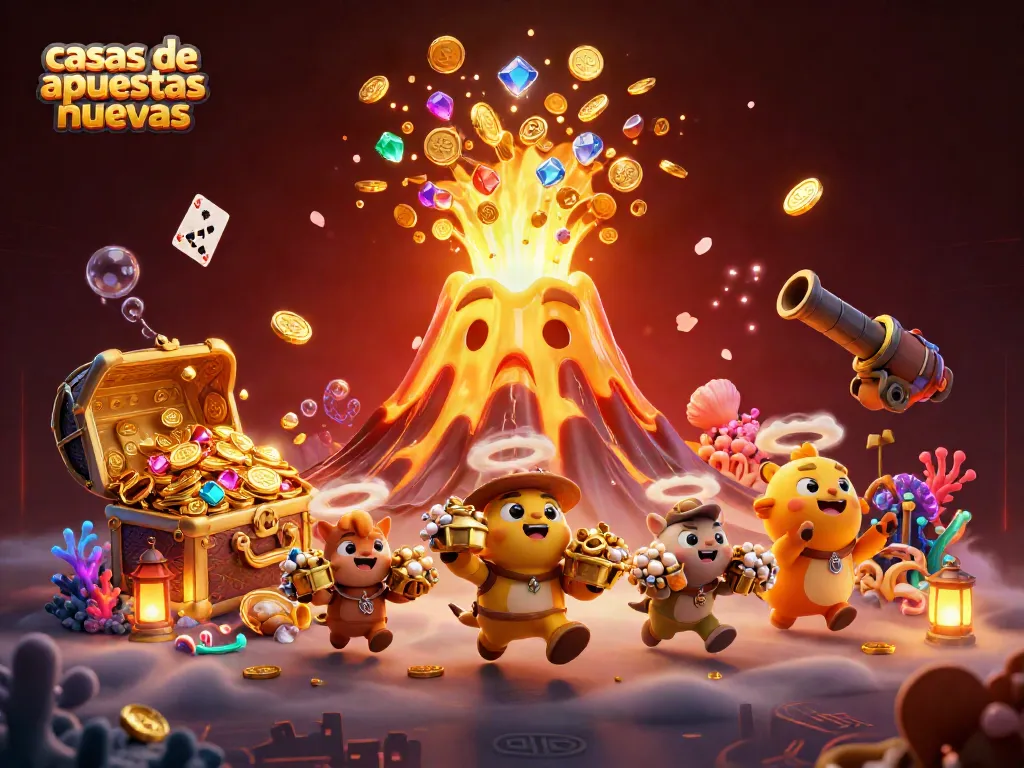 Visualiza las casas de apuestas nuevas y emocionantes con un volcán dorado y exploradores llenos de tesoros.