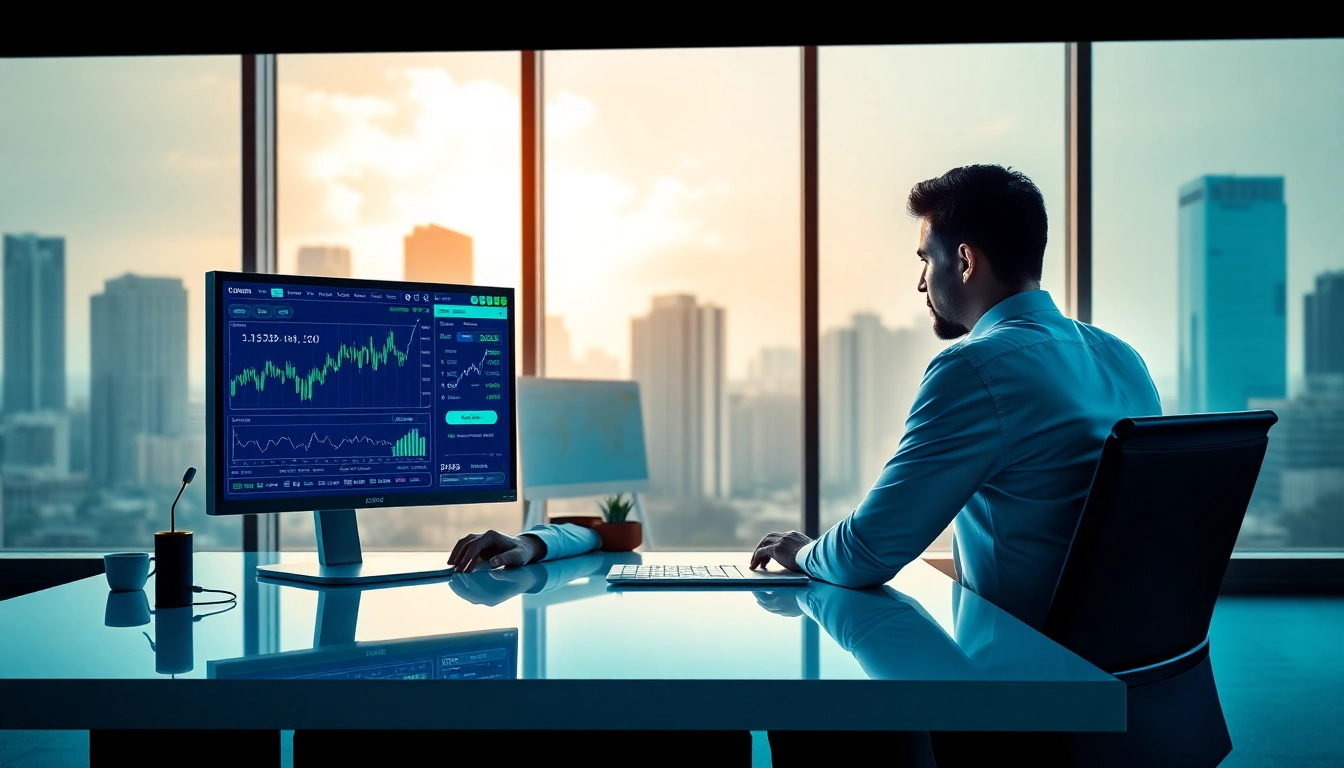 Engage with crypto trading through a collaborative office environment featuring charts and data.
