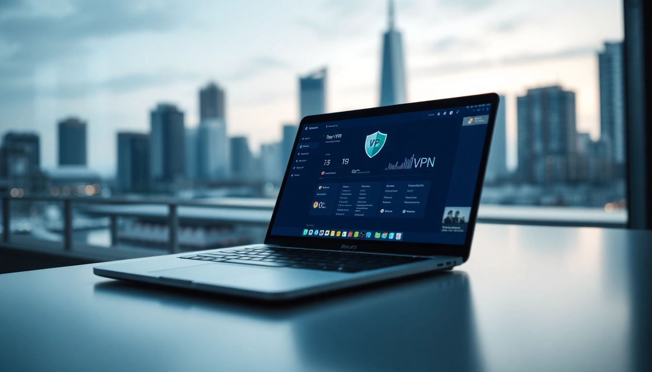 Secure vpn connection displayed on a laptop screen with a city skyline in the background.