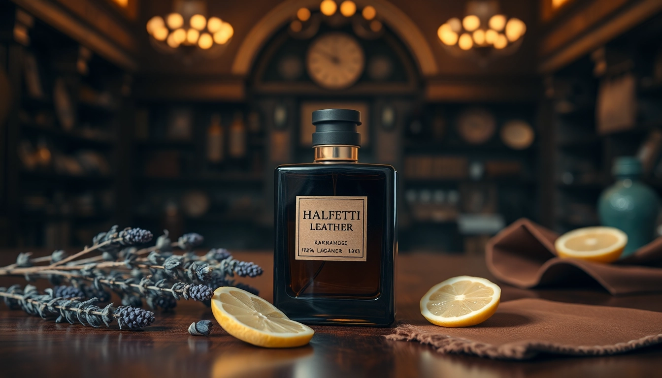 Experience the allure of Halfeti Leather through an elegant perfume bottle in a luxurious setting.