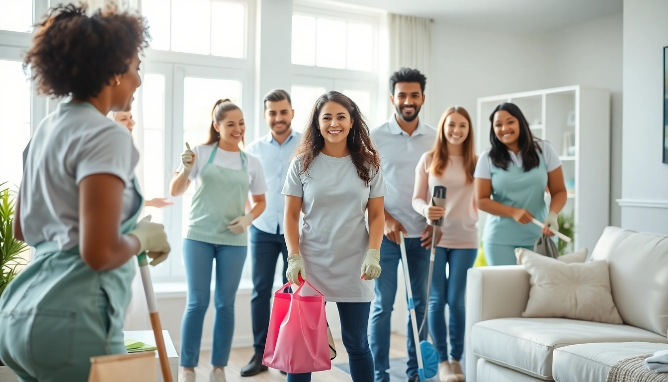 Team of professionals providing cleaning services near me in a bright home setting.