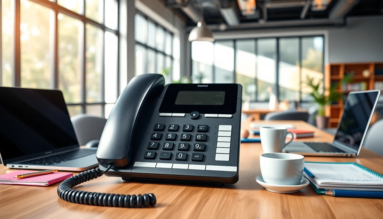Streamlined VoIP business phone on a professional desk setting, enhancing workplace efficiency.