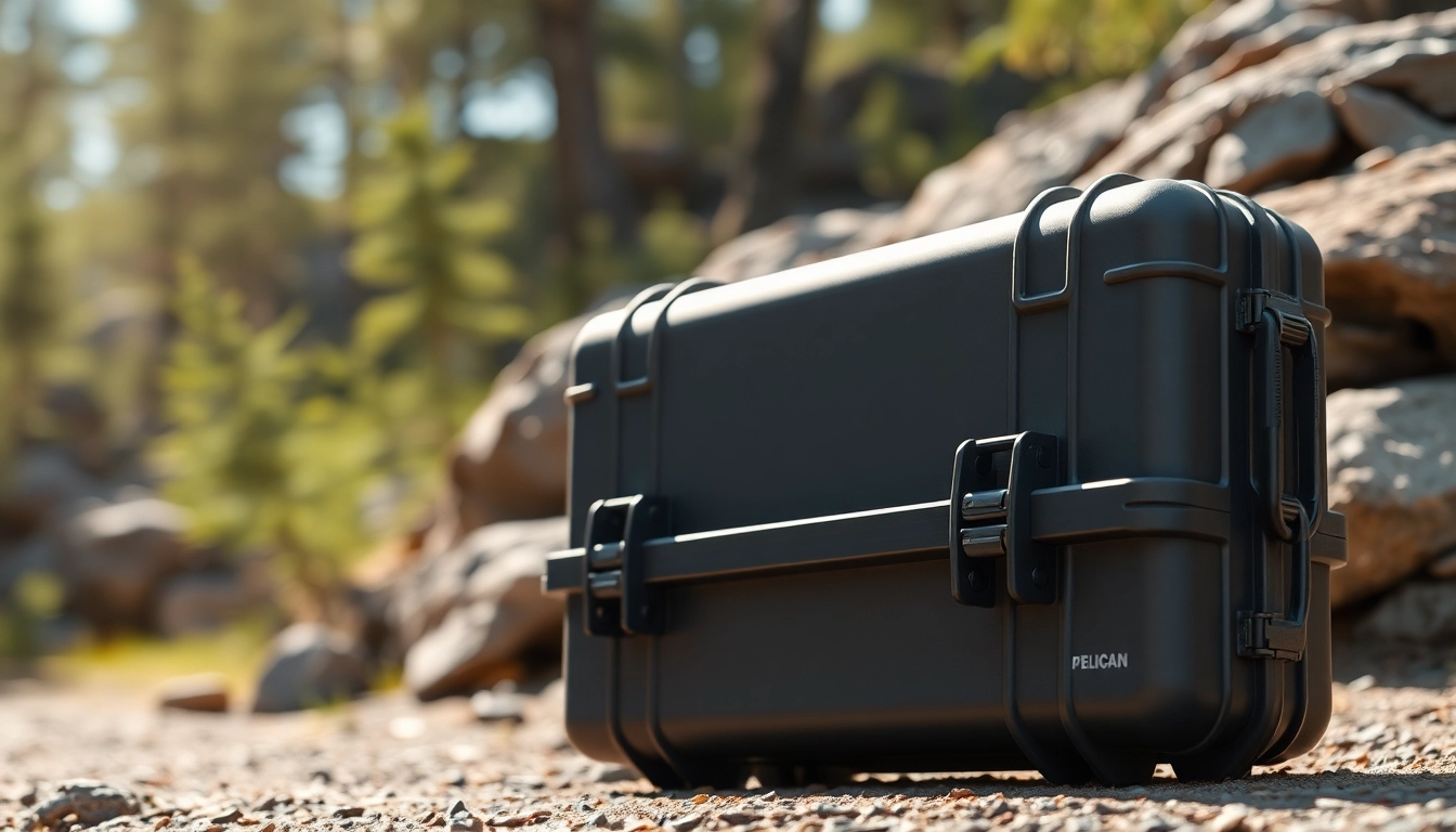 Showcasing a pelican rifle case in a rugged outdoor setting, emphasizing its durable design.