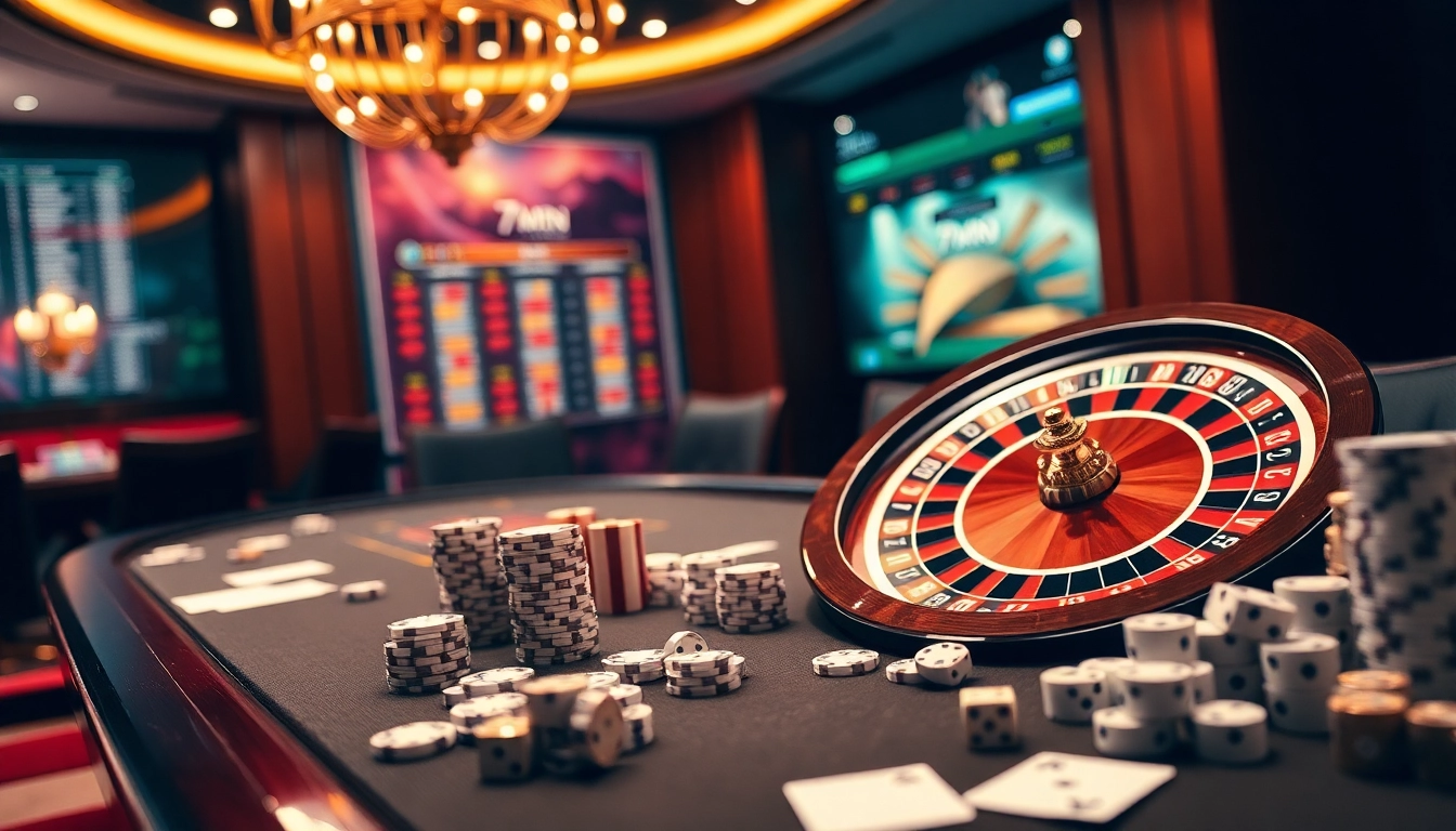 Engage with 7mcn's live betting action at a luxurious casino table featuring poker chips and cards.