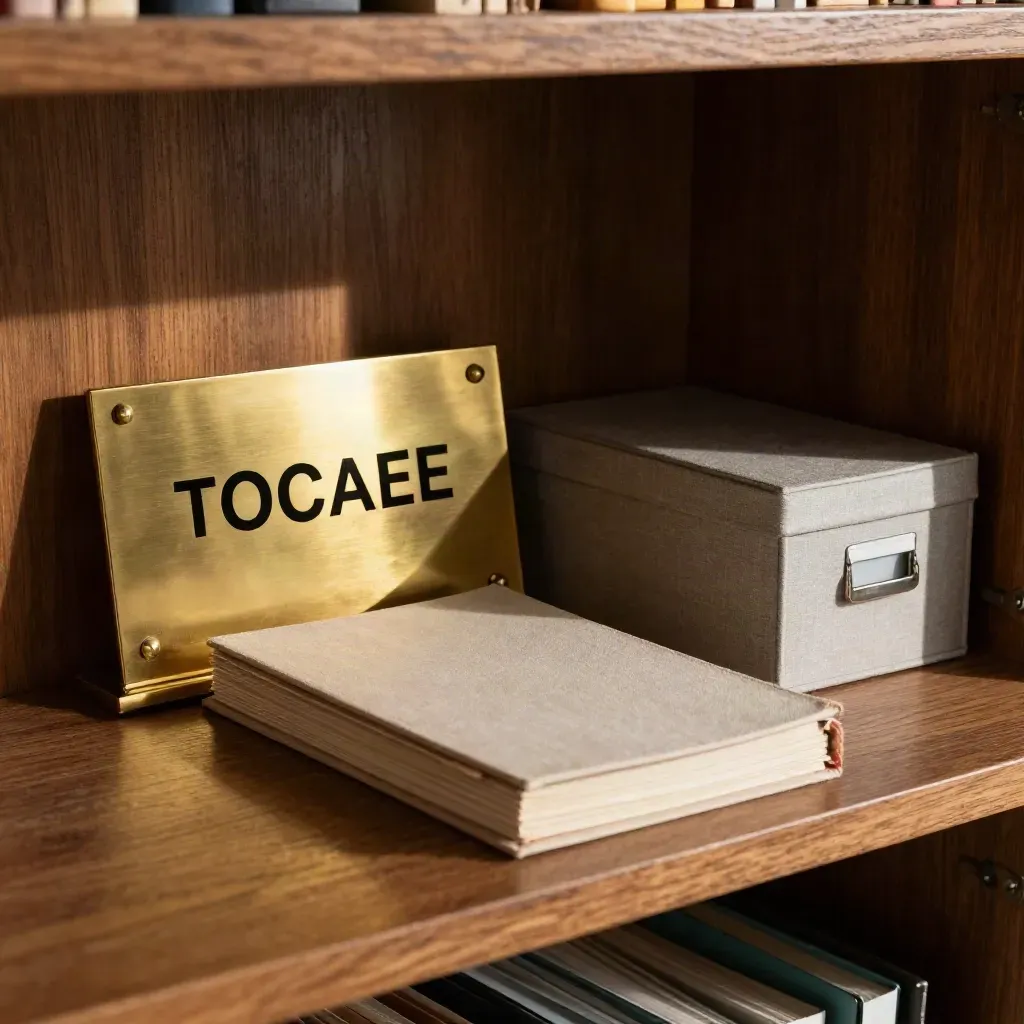Brass plaque, ledger and archive box on a warm shelf in late-afternoon light.
