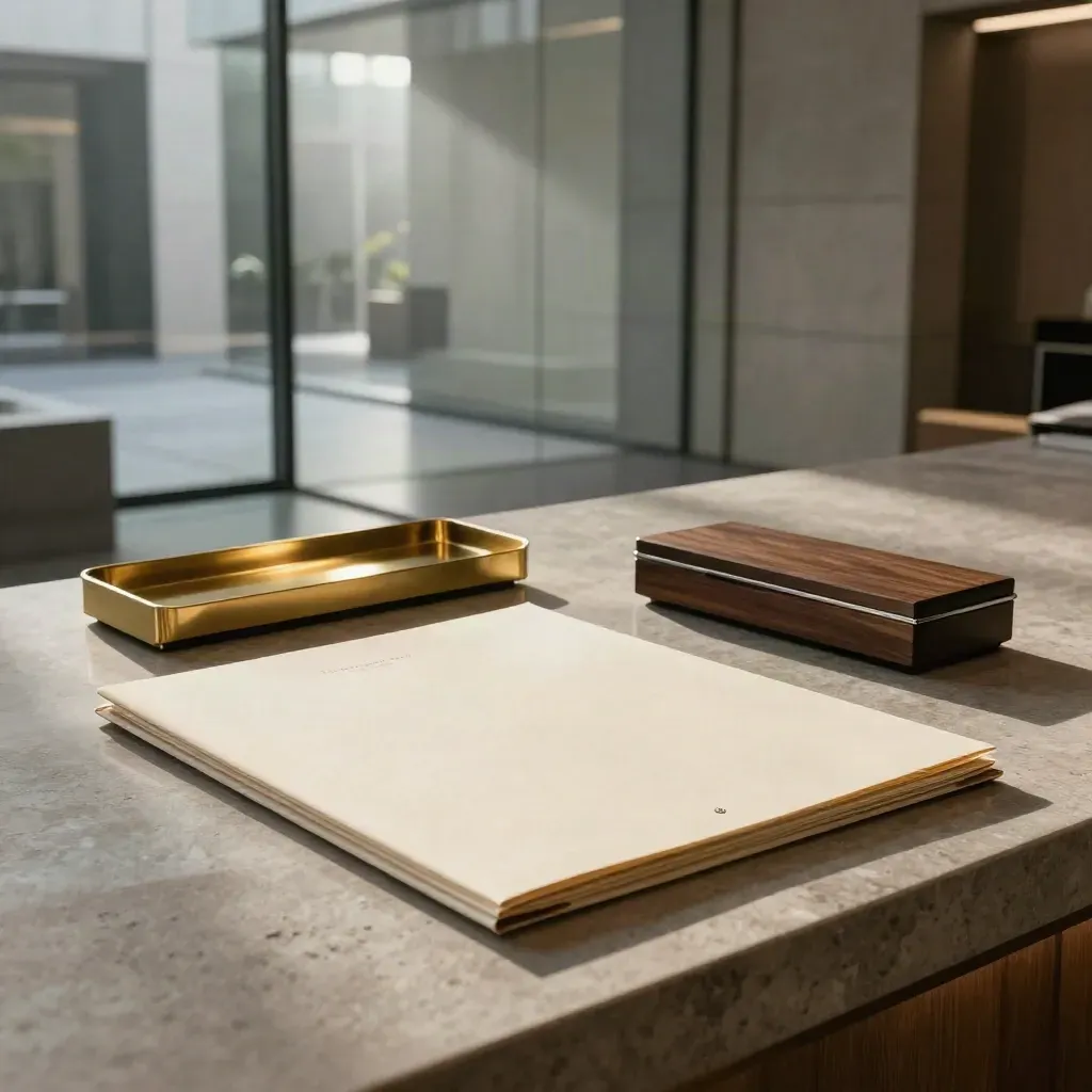 Reception counter with incorporation kit, brass tray, certificate folio and key box in a city lobby