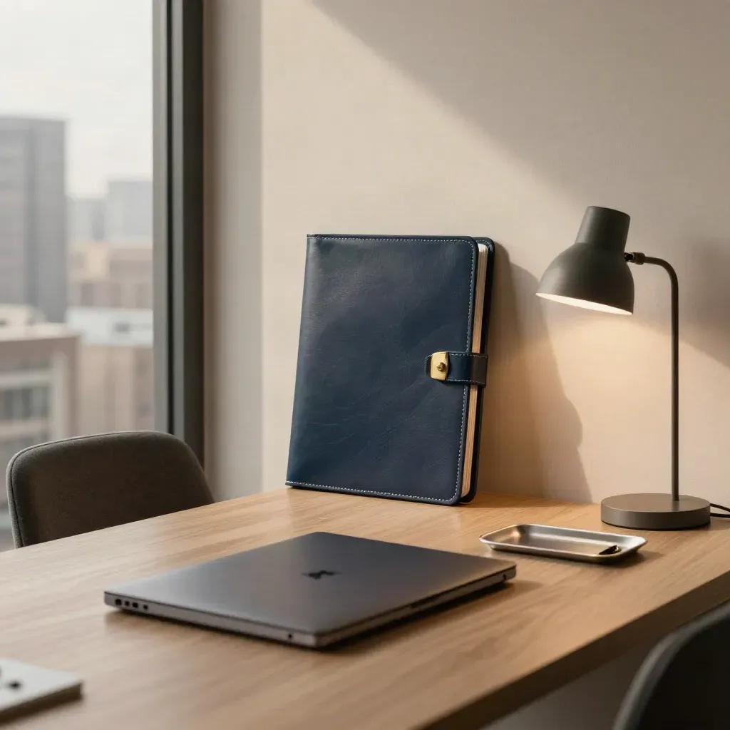 Sealed formation folder, closed laptop, and office chair in a bright serviced office corner.
