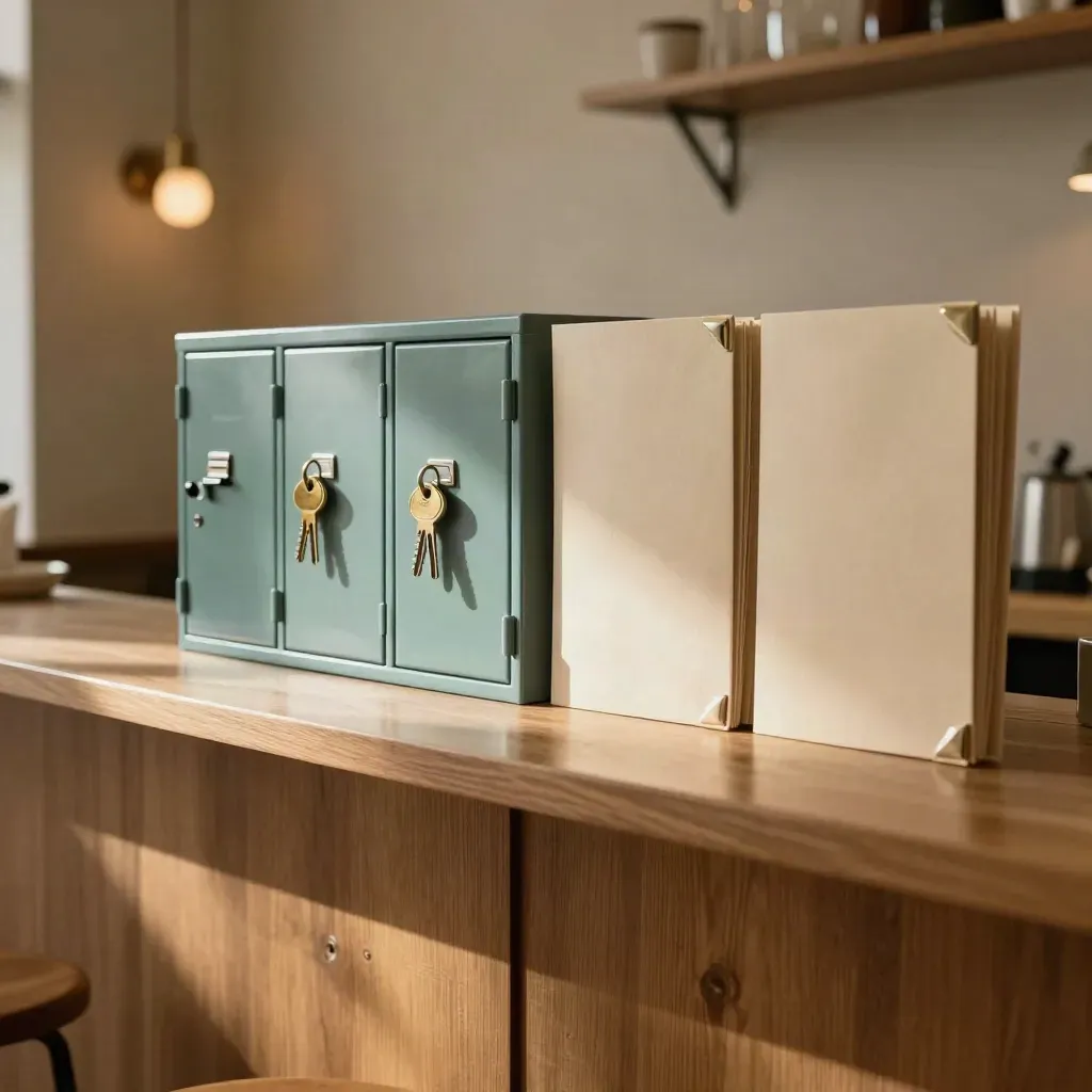 Two key sets, a shared mail locker and twin folders on a café back-office counter.