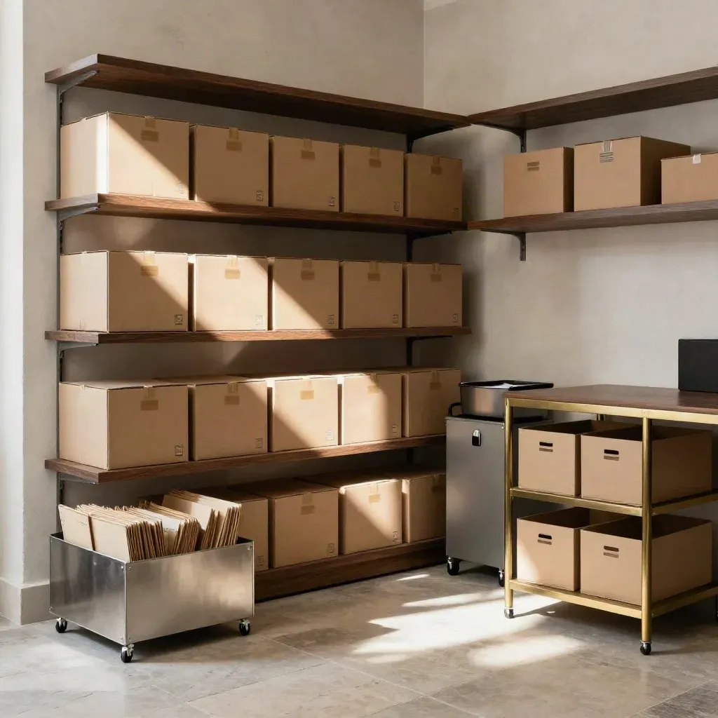 Compact city office with parcel shelves, mail tray and shipping boxes in warm side light.