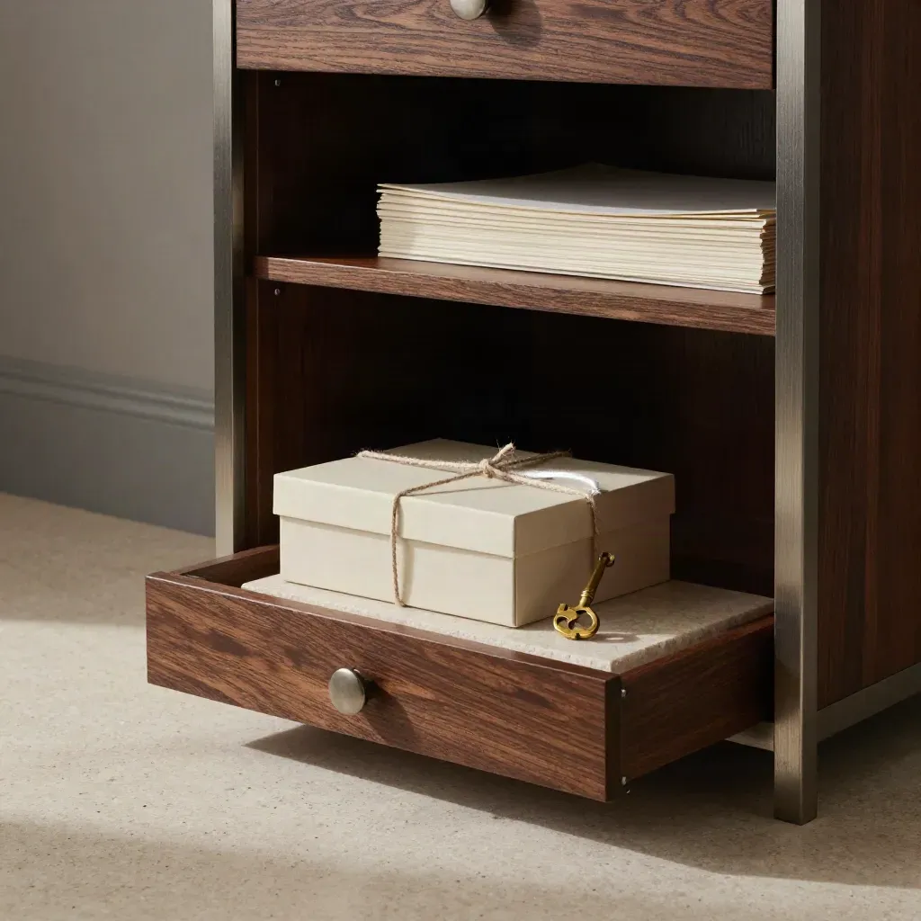 Archive cabinet, sealed compliance box, and brass office key on pale stone in dramatic light.