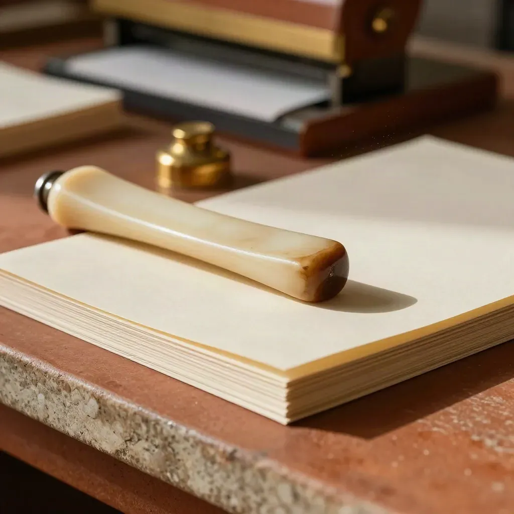 Macro still life of a bone folder, gold paperweights and closed archival sleeves on terracotta.