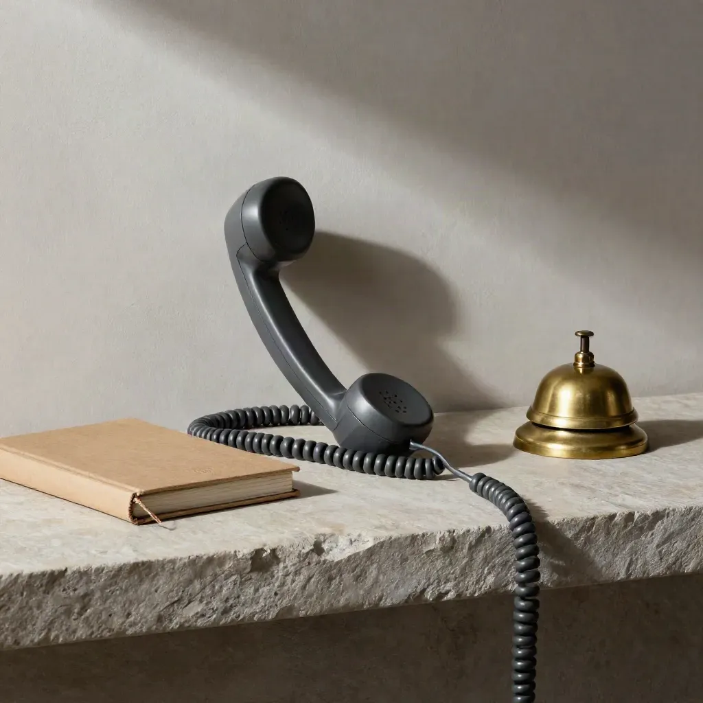 Phone handset, closed address book and brass bell on a stone shelf in soft side light.